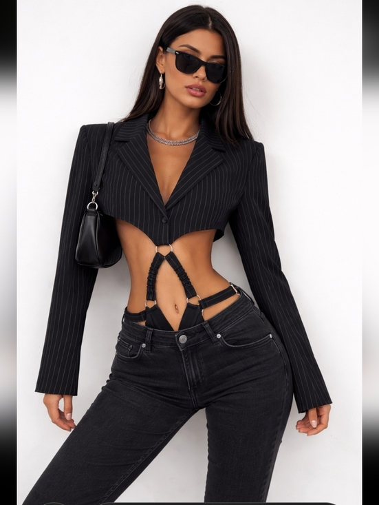 Fashion Nova Tops - Fashion Nova Black Pinstripe Cropped Blazer with Ring Cut-Out